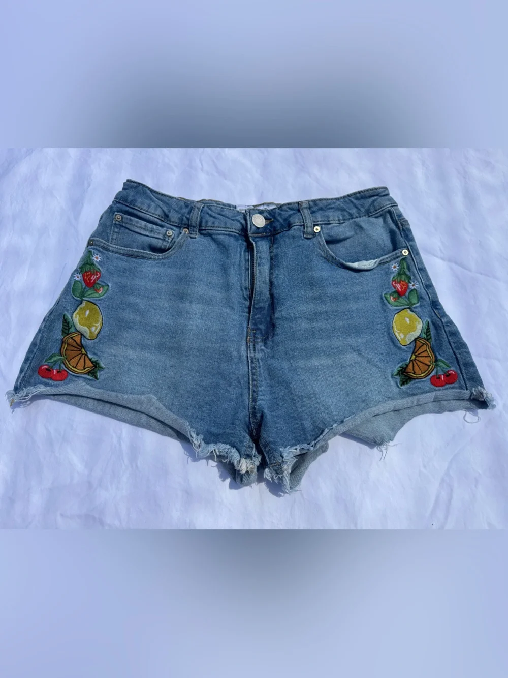 Indigo Rein Light Blue Denim Shorts with Fruit Patch Embroidery